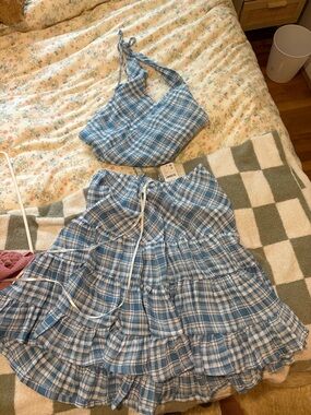free people never warn plaid skirt set open back size XS